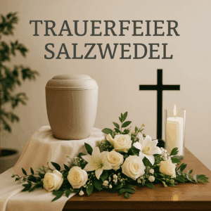 Würdevoll dekorierter Tisch für eine Trauerfeier in Salzwedel mit Urne, weißen Rosen und Lilien, schwarzem Kreuz und brennender Kerze.