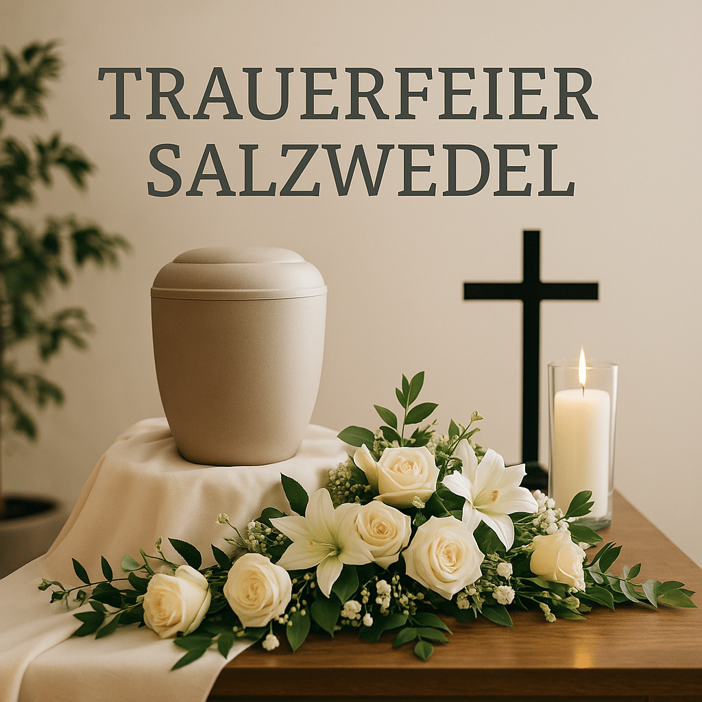 Würdevoll dekorierter Tisch für eine Trauerfeier in Salzwedel mit Urne, weißen Rosen und Lilien, schwarzem Kreuz und brennender Kerze.